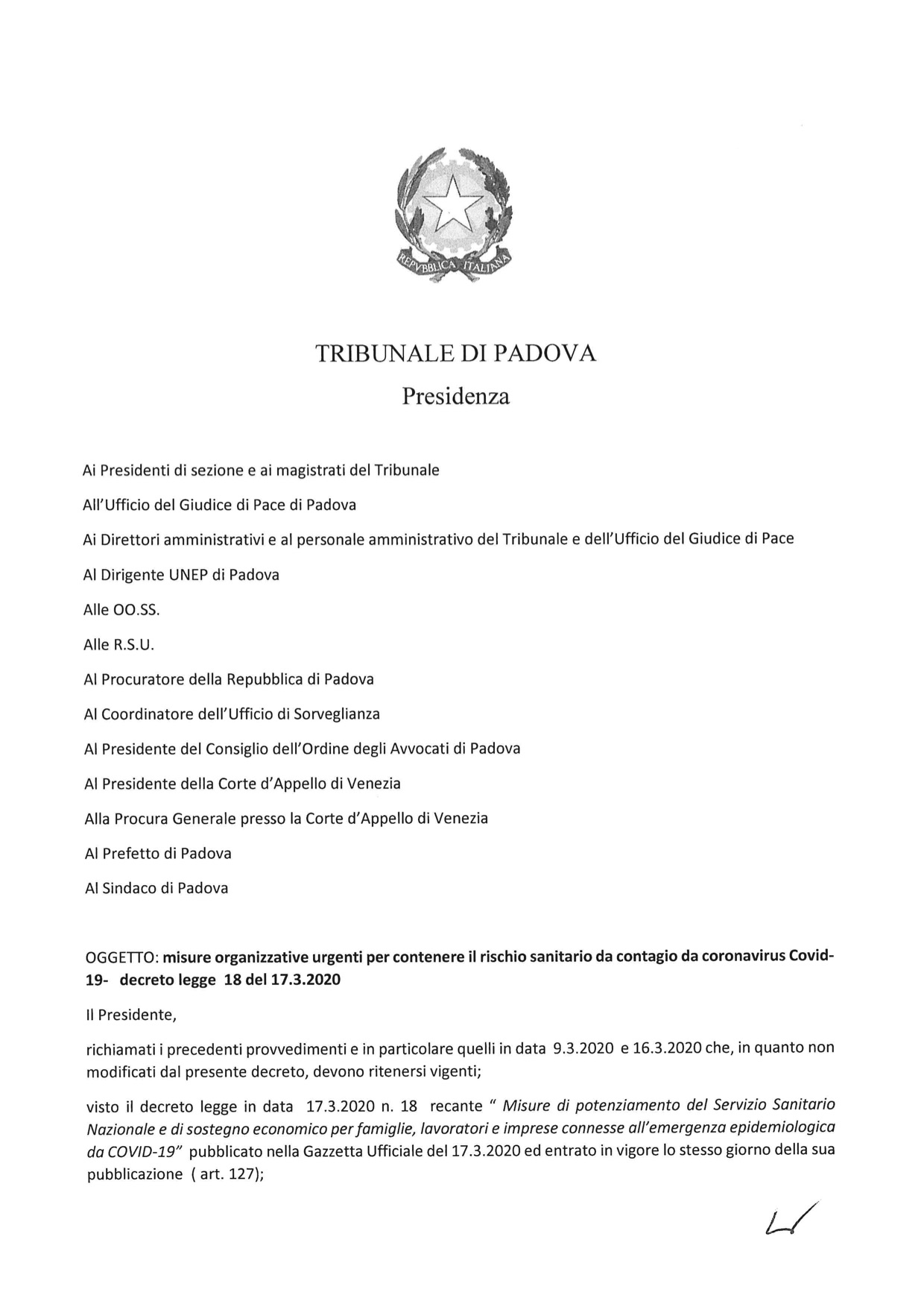 Provvedimento Presidente Tribunale di Padova 19.03.2020 - Misure organizzative urgenti per contenere il rischio sanitario da contagio da coronavirus Covid-19 decreto legge 18 del 17.3.2020
